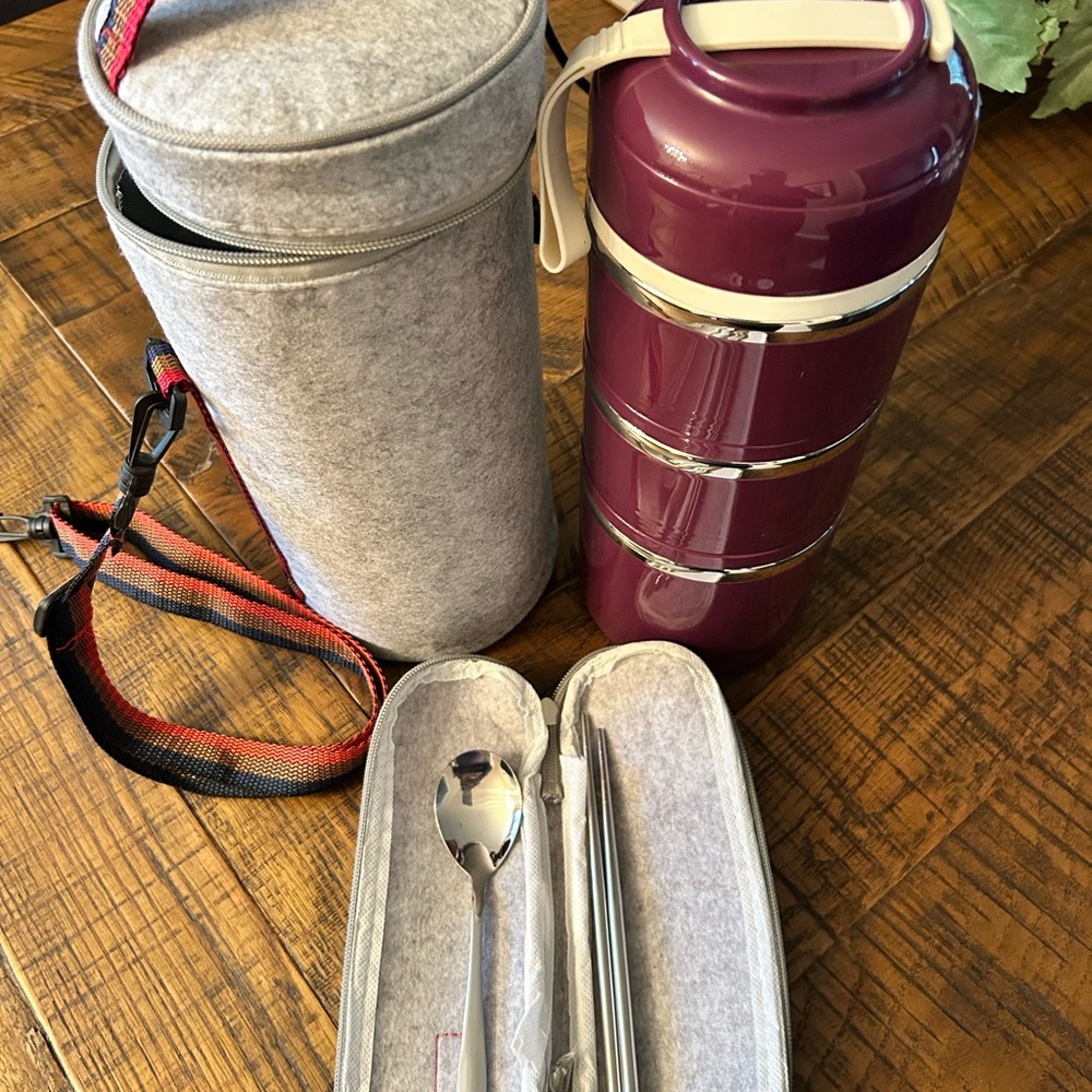 Purple Insulated Stacking Food Bowls 4) with Utensils in a Gray Carrying Case